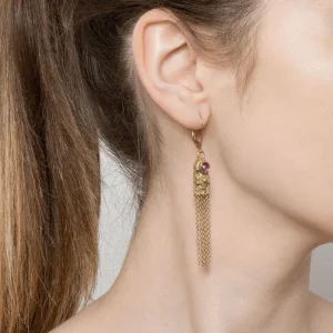 LA2L Boucle d'oreilles pendantes pierre et chaîne (Tourmaline Rose) Sale