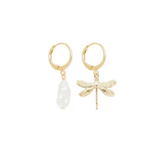 Viadoli Boucles asymétriques libellule et perle (doré) Sale