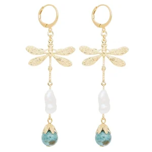 Viadoli Boucles pendantes libellule et perles (doré) Online