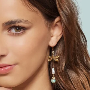 Viadoli Boucles pendantes libellule et perles (doré) Online