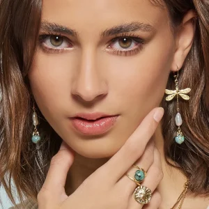 Viadoli Boucles pendantes libellule et perles (doré) Online