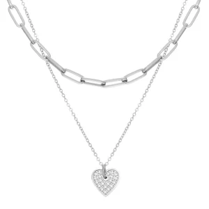 Zag Bijoux Collier deux rangs maillon coeur zircon (plaqué or blanc) Discount