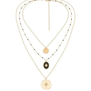 Siloé Collier multirangs noir étoiles et médaille Fashion